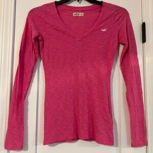 Y2K Hollister Women Size XSmall V-Neck Long Sleeve Vintage Hot Pink Slim Fit